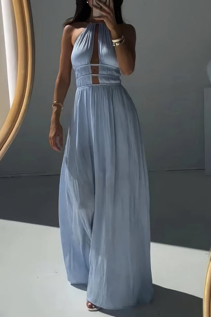Women's Halter Neck Cut Out Sleeveless Maxi Dress Fitted Bodycon Rayon Blend Party Dress for Wedding Guest Date Night Summer Vacation