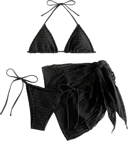 Women's 3 Piece Swimsuits Halter Triangle String Bikini Set with Beach Skirt Swimwear Set - Seldom Seen Styles