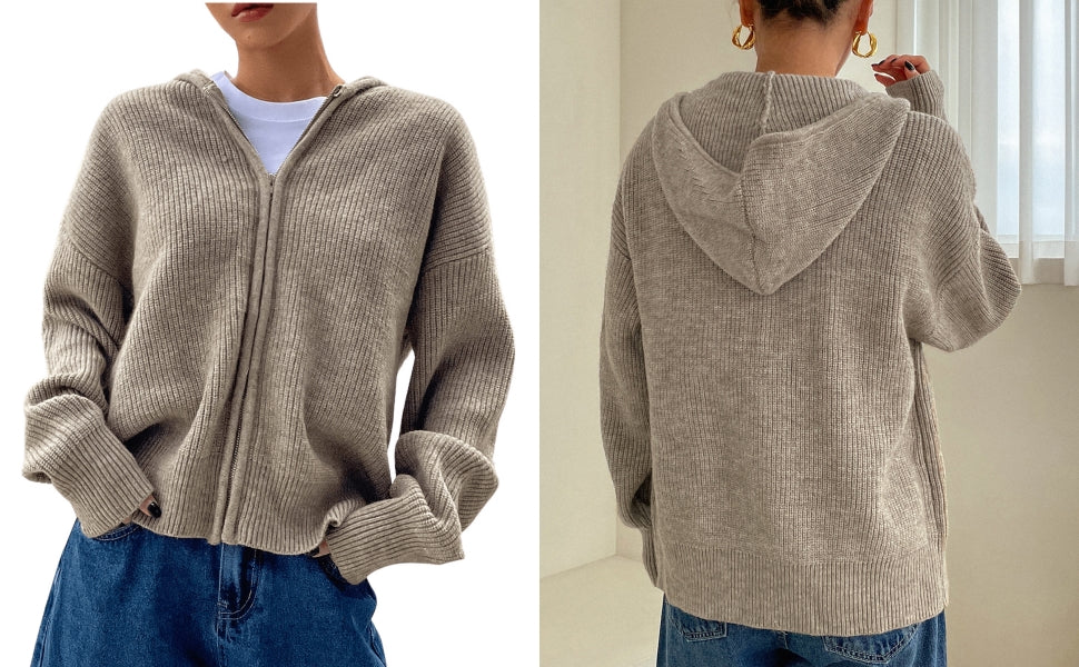 Women's Zip Up Hooded Cardigan Sweater Knitted Drop Shoulder Fall Hoodies Outerwear - Seldom Seen Styles