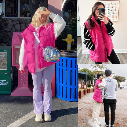 Women's Winter Oversized Puffer Vest Lightweight Stand Collar Flysleeve Insulated Padded Puffy Jackets Coat with Pockets Outerwear Casual Zipper Tops Black Fitted Minimalist