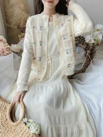 Adorable College Style Knit Cardigan with Embroidered Flowers