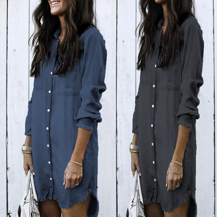 Women Denim Shirt Dresses Long Sleeve Distressed Jean Dress Button Down Casual Tunic Top