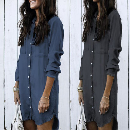 Women Denim Shirt Dresses Long Sleeve Distressed Jean Dress Button Down Casual Tunic Top