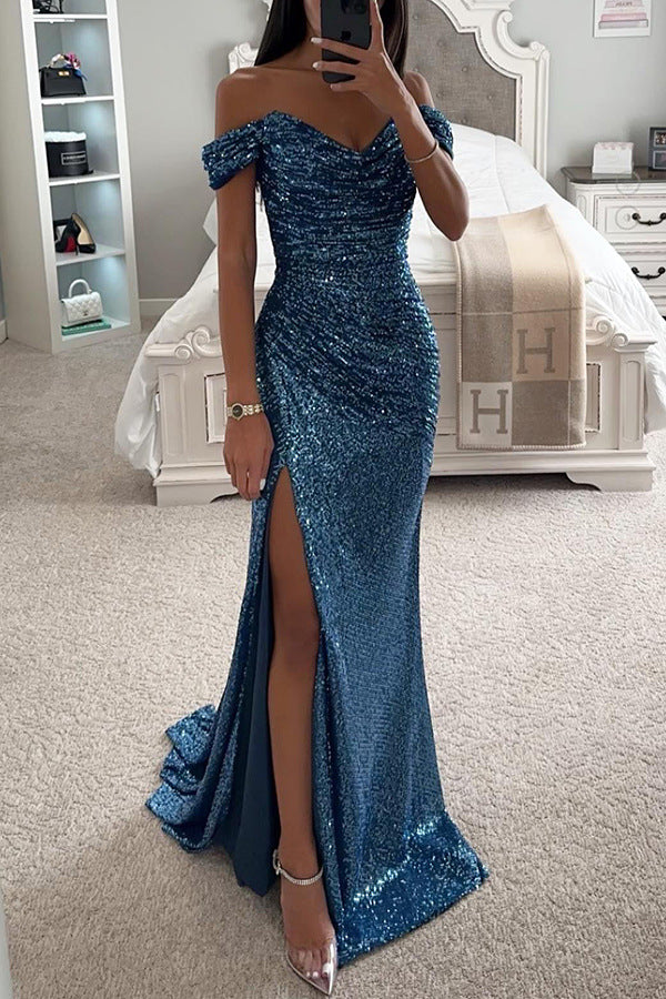 sequin prom dresses strapless sequin dress Split Dress off-Shoulder INS  Fashion low cut maxi Dress for Women