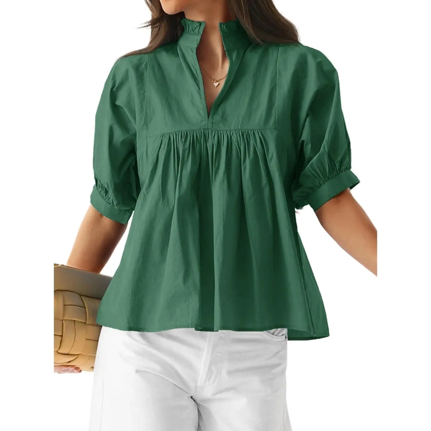 Cicy Bell Womens V Neck Puff Sleeve Blouse Babydoll Peplum Tops Dressy Casual Pleated Loose Fit Shirts - Seldom Seen Styles
