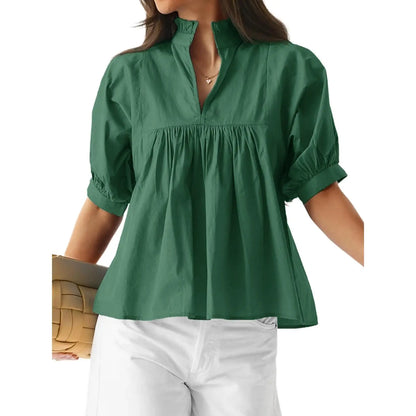 Cicy Bell Womens V Neck Puff Sleeve Blouse Babydoll Peplum Tops Dressy Casual Pleated Loose Fit Shirts