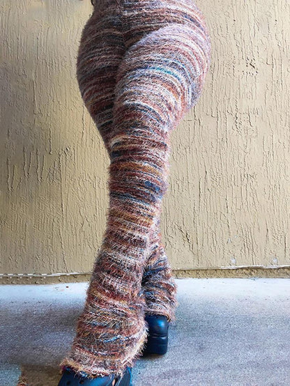 Women's Striped Print Flare Leg Fuzzy Sweater Pants, Casual Street Comfy Knit Bell Bottom Trousers For Fall & Winter, Women's Knitwear For Daily Wear