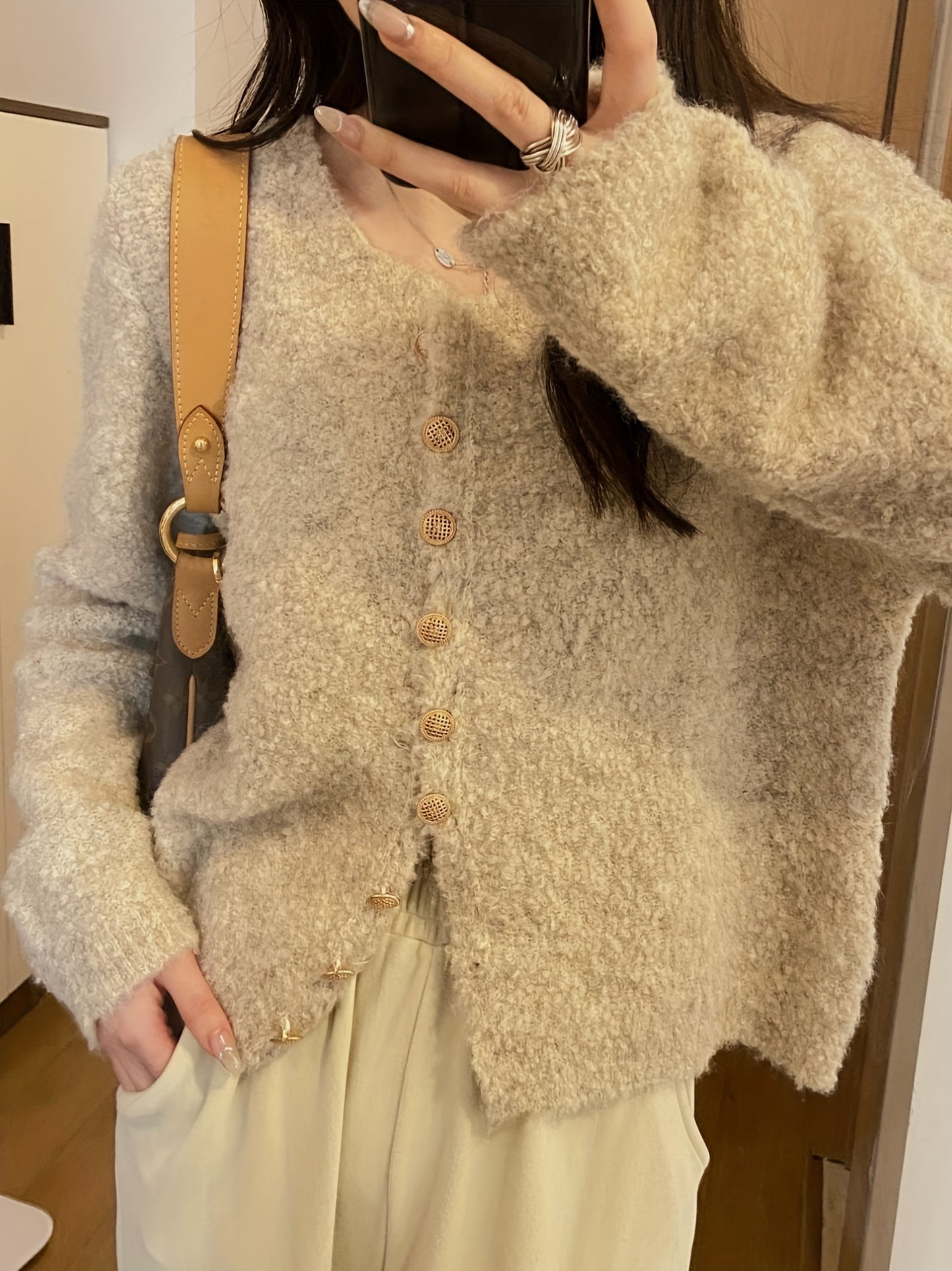 Solid Color Button Front Cardigan, Casual Long Sleeve Fuzzy Cardigan For Fall & Winter, Women's Clothing