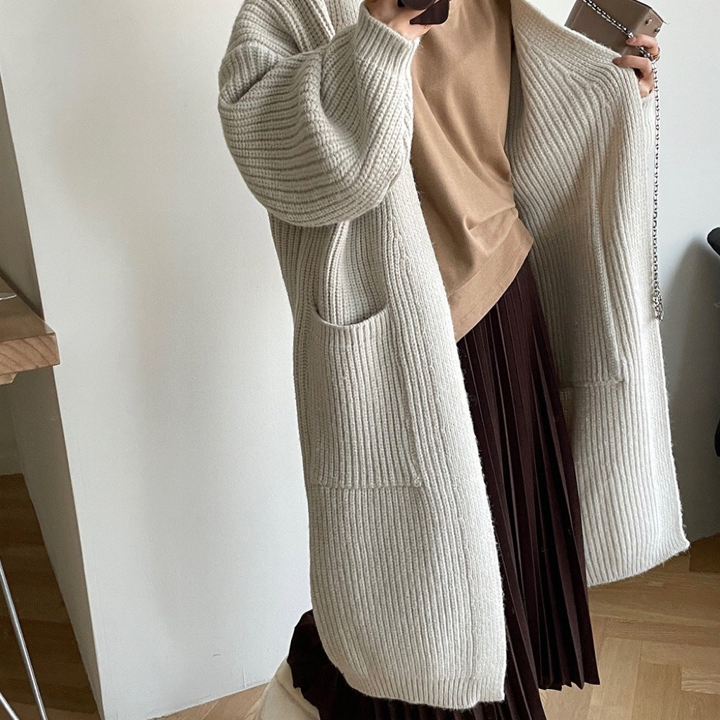 Autumn and Winter New Khaki Thickened Lazy and Loose Large Sweater Coat Female Korean Style High Sense Long Knitted Cardigan