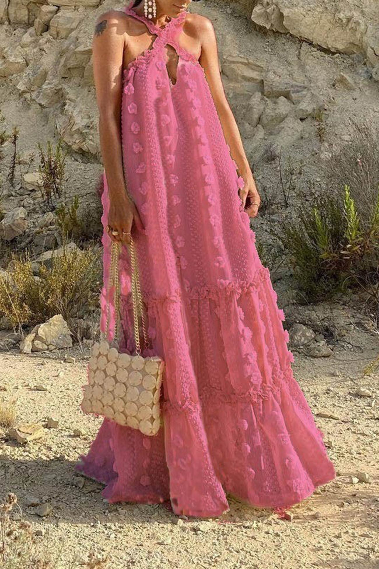 3D Floral Criss-cross Halterneck Maxi Dress - Seldom Seen Styles