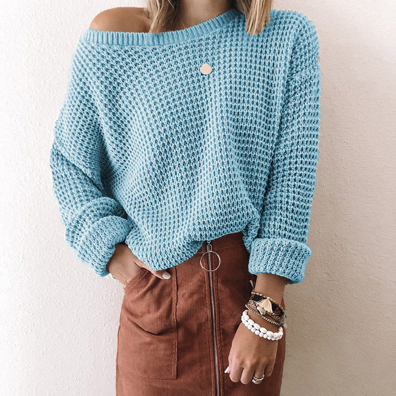 2023European and American New Sweater Women's Solid Color Loose Diagonal Collar Long-Sleeved Knitted Top Amazon Autumn and Winter Sweater