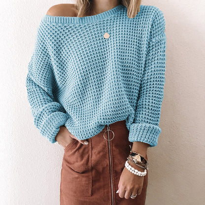 New Sweater Women's Solid Color Loose Diagonal Collar Long-Sleeved Knitted Top  Autumn and Winter Sweater