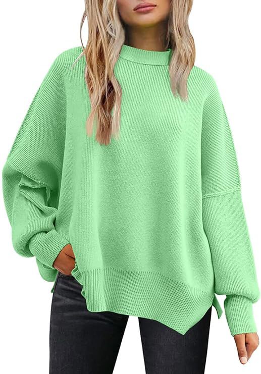 Women's Oversized Batwing Sweaters 2024 Fall Outfits Crewneck Ribbed Knit Side Slit Trendy Pullover Tops