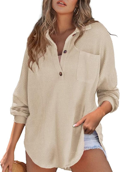 Women Waffle Knit Tops Henley Shirts Long Sleeve V Neck Solid Color Casual Tunic