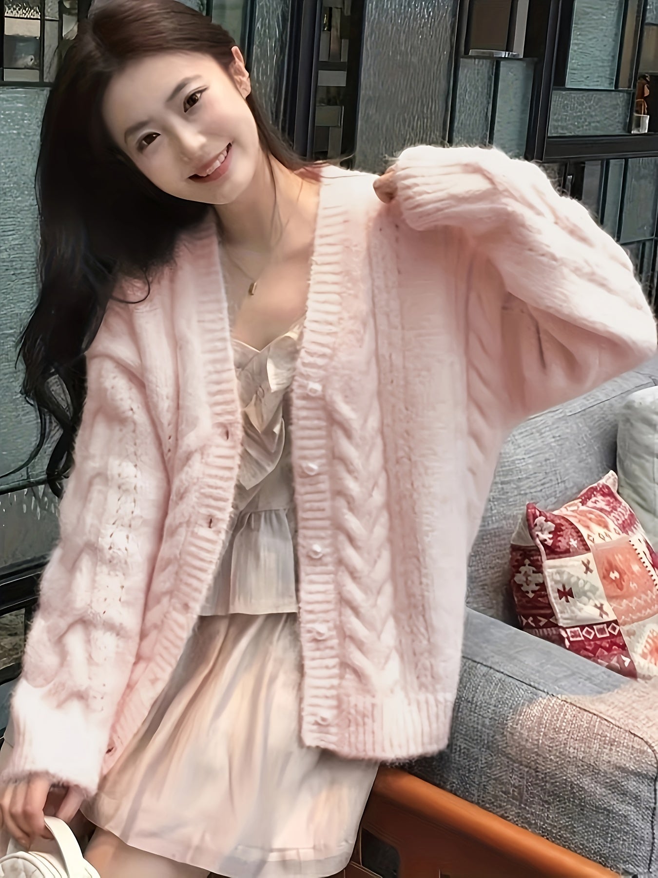 Soft Pink Cable Knit Cardigan - Charming V-Neck Sweater for Women - Perfect for Fall and Winter - Made with Polyester