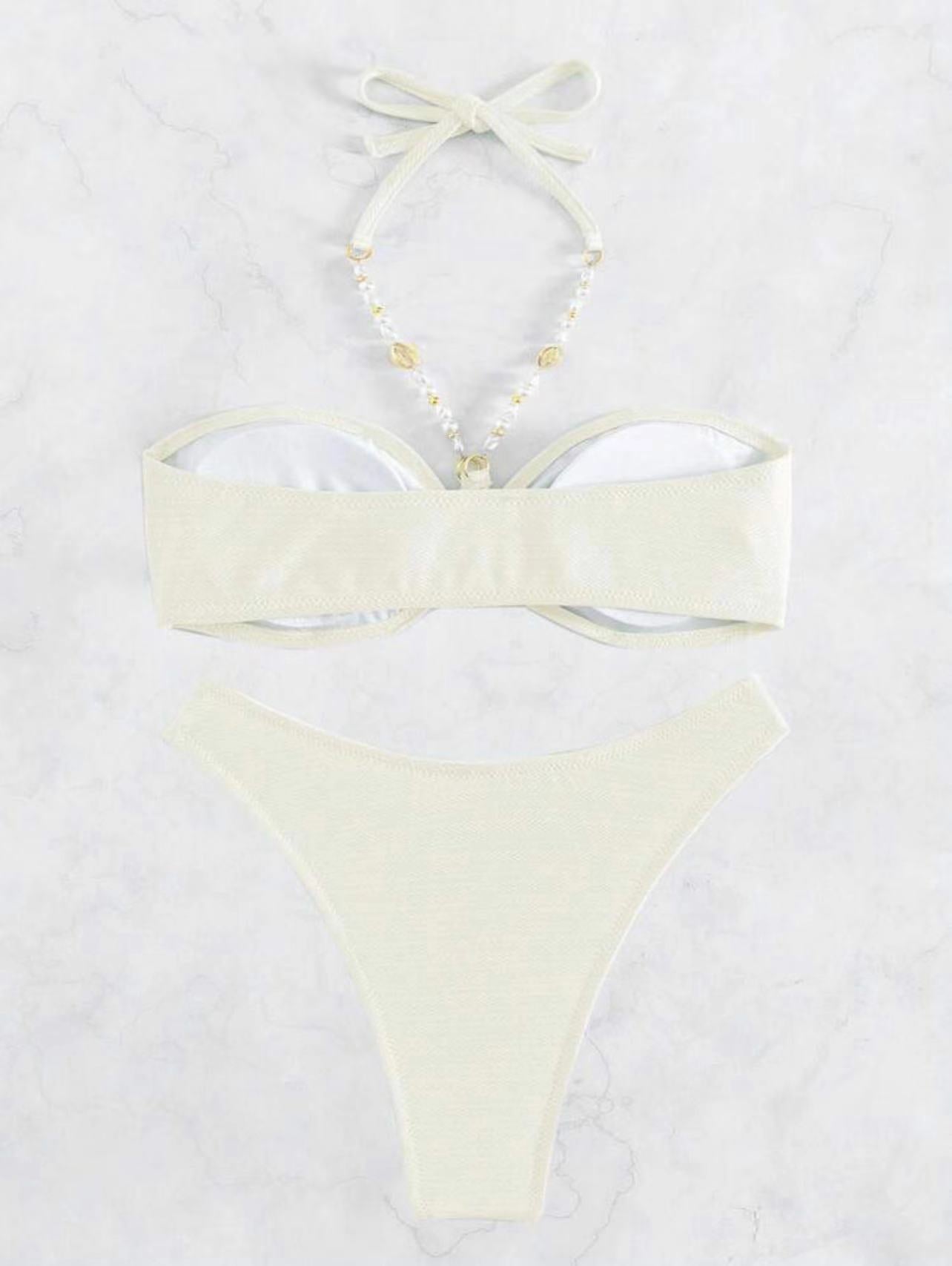 white pearl bathing suit pearl Chain bikini set Solid Color Halter Neck Women's Beach bikini - Seldom Seen Styles