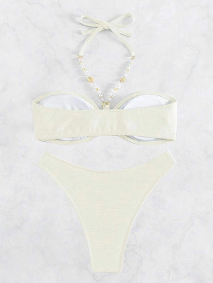 white pearl bathing suit pearl Chain bikini set Solid Color Halter Neck Women's Beach bikini - Seldom Seen Styles