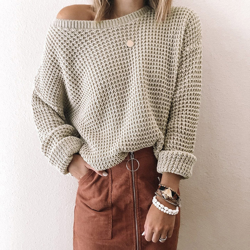 2023European and American New Sweater Women's Solid Color Loose Diagonal Collar Long-Sleeved Knitted Top Amazon Autumn and Winter Sweater