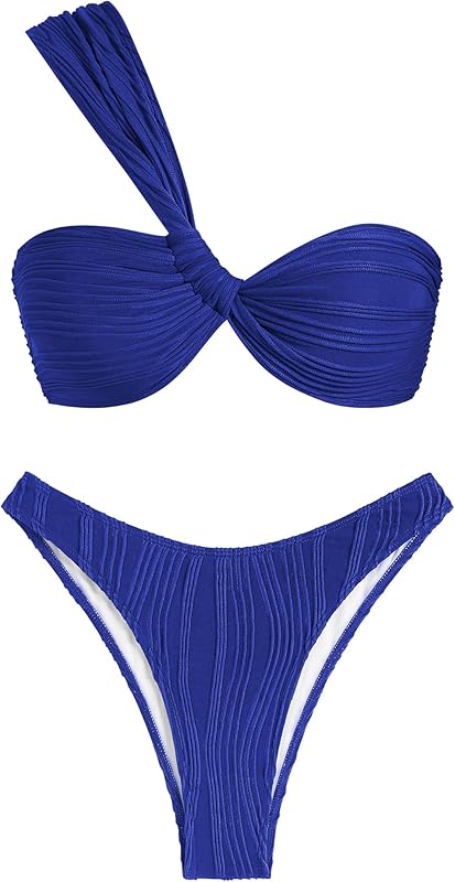 Women's One Shoulder Bikini Twisted Ruched High Cut Bandeau Bikini Set Two Piece Swimsuit - Seldom Seen Styles