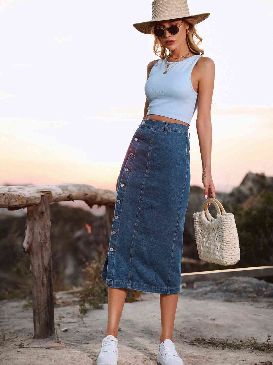 RIVET™ Button-Front Denim Midi Skirt