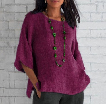 Womens Cotton Linen 3/4 Sleeve Casual Loose Top Crew Neck Shirt Spring Summer Oversized Solid Color Blouses for Women 2024
