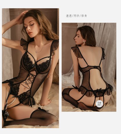 Wunderschöner, sexy Netzstoff, schmal geschnittener Body zum Binden, offener Schritt, Versuchung, reine Lust, erotische Dessous, Uniform-Set