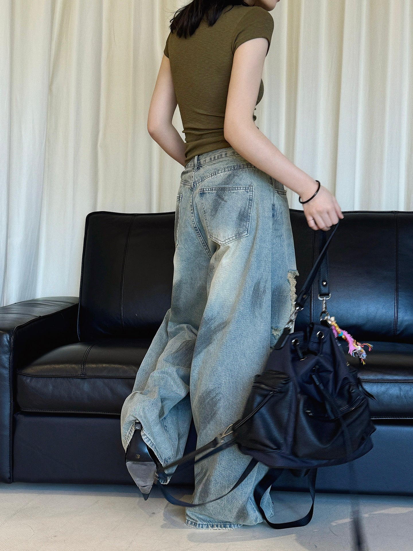 Women's Ripped Wide Leg Baggy Jeans High Waist Distressed Denim Pants Street Style Y2K Casual