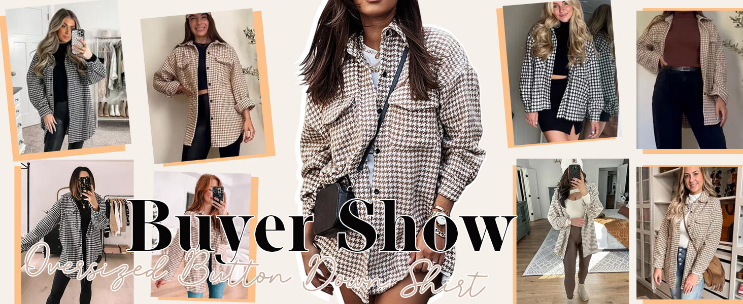 Plaid Jacket Women Casual Houndstooth Jacket Flannel Shacket Loose Long Sleeve Shirt Button Down Shacket with Pockets - Seldom Seen Styles