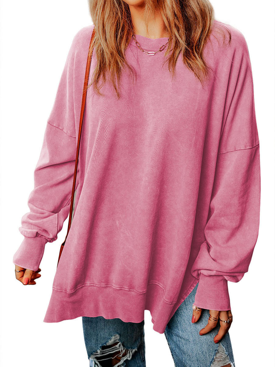 Autumn New Pure Color round-Neck Pullover Women's European and American Leisure Style All-Match Super Long Flab Hiding Long-Sleeved Top for Women