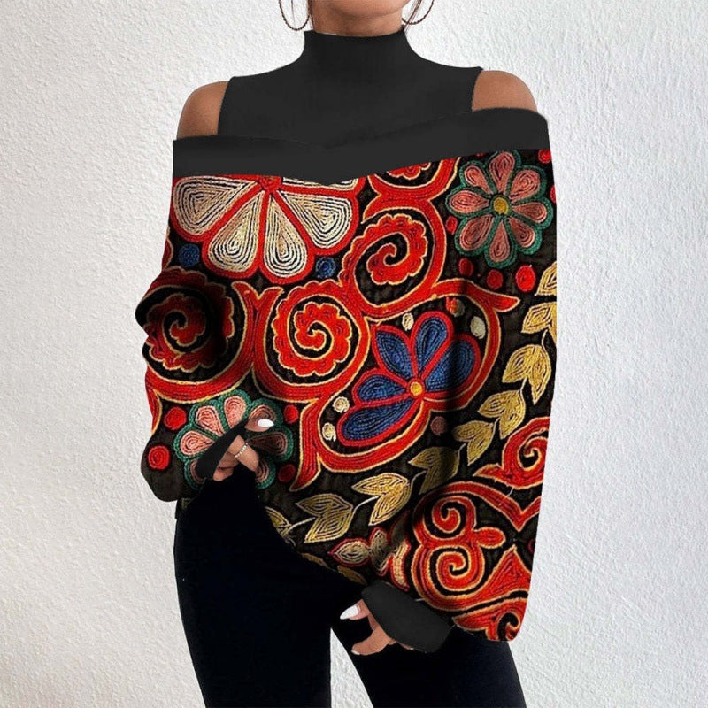 Exclusive Supply2024shopifyWomen's Spring Clothing off-Shoulder Design Women's Lantern Sleeve Printed Top