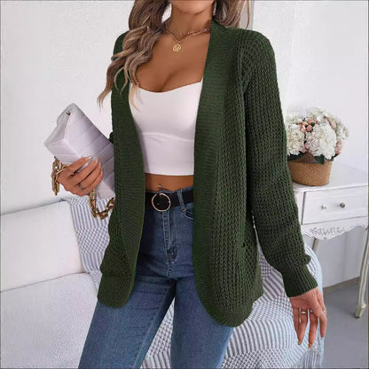 Real Shot 2024 Autumn and Winter Leisure Pocket Long Sleeve Knitted Sweater Cardigan Coat Amazon Hot Cross-Border Women's Clothing