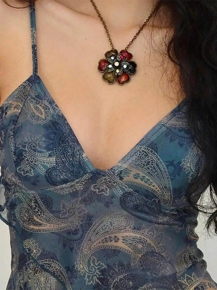 Women's Blue Mesh Cami Top Floral Ruffle Sheer Spaghetti Strap Tank Top - Seldom Seen Styles