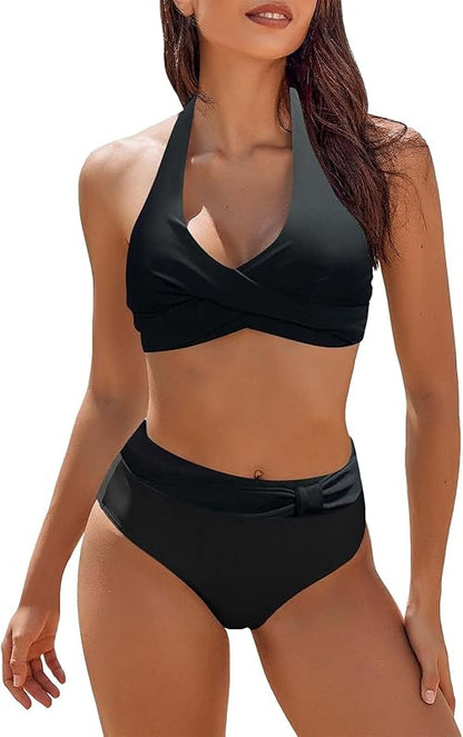 Womens Bathing Suits Tummy Control Swimsuits Color Block High Waisted Bikini Sets 2 Piece V Neck Swimwear - Seldom Seen Styles