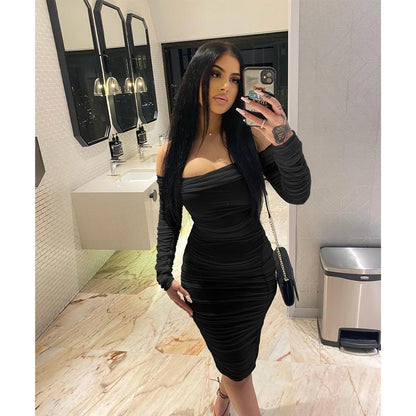 Women's Sexy Elegant Ruffle Long Sleeve Off Shoulder Ruched Party Mini Dress Fabric Formal Fabric Formal