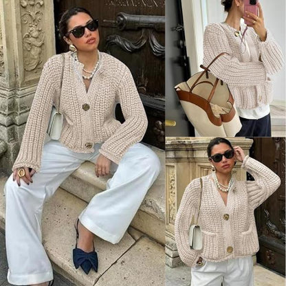 Women's Cropped Cardigan Sweater Long Sleeves Button Down Chunky Knitted Coat Knitwear