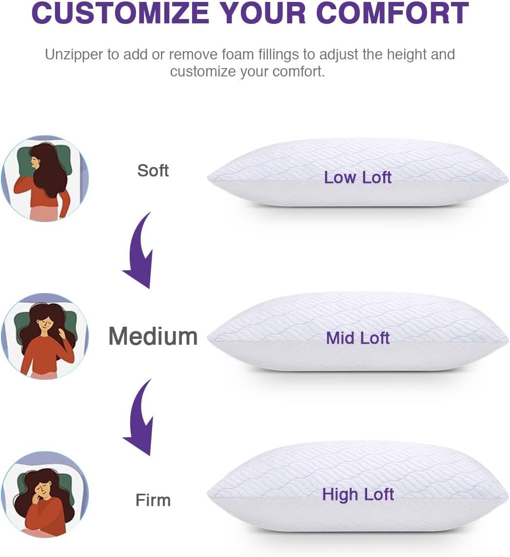 Cooling Pillows Queen Size Set of 2, Memory Foam Pillows with Zipper, Adjustable Firmness for Sleeping Cool Cold Pillow to Hot, Side, Back and Stomach Sleepers, 2 Pack, 20x30 - Seldom Seen Styles