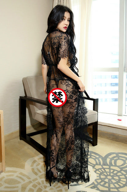 Leg Avenue Women's 2 Pc Eyelash Lace Long Kaftan Robe