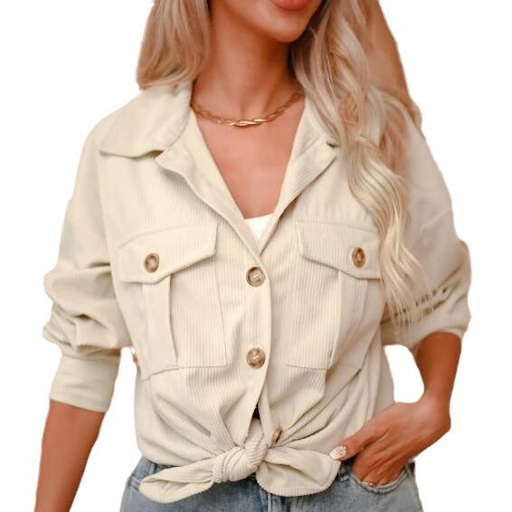 Womens Fashion Cropped Corduroy Shackets Button Down Jackets Tops Fall Trendy Long Sleeve Shirts - Seldom Seen Styles