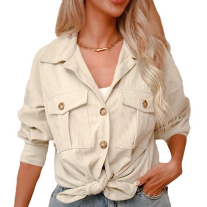 Womens Fashion Cropped Corduroy Shackets Button Down Jackets Tops Fall Trendy Long Sleeve Shirts