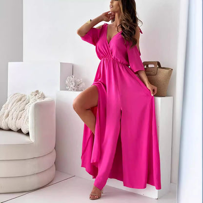 off the shoulder maxi dress long modest dress Mid-Length Dress with Five-Quarter Sleeves