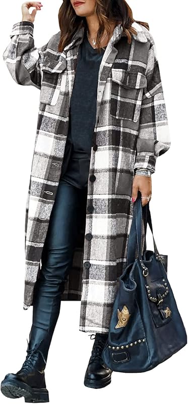 Women Fall Flannel Plaid Shacket Jacket Oversized Button Down Long Shirt Jacket