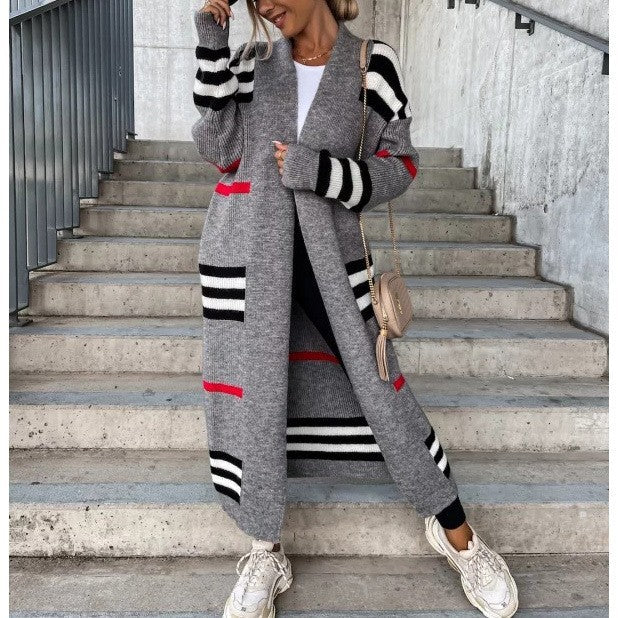 Long  Striped Sweater Cardigan  Loose Large Sweater Coat