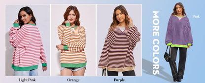 【Up To 3XL】Fisace Christmas Womenswear Striped Oversized Sweatshirt Color Block Crew Neck Long Sleeve Shirt Casual Loose Pullover Top Y2K Clothes back to school