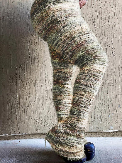Women's Striped Print Flare Leg Fuzzy Sweater Pants, Casual Street Comfy Knit Bell Bottom Trousers For Fall & Winter, Women's Knitwear For Daily Wear
