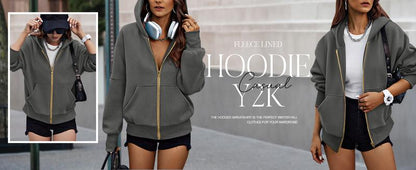 Women's Gold Zipper Hoodie Long Sleeve Fleece Y2K Style Casual Sweatshirt with Pockets for Fall Winter Clothes