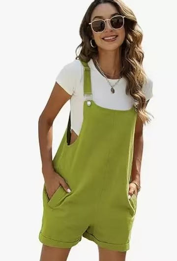 UANEO Women's Cotton Linen Short Overalls Casual Summer Bib Shortalls with Pockets Lady Comfort Minimalist