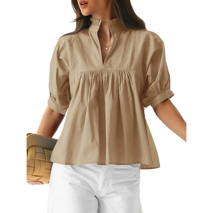Cicy Bell Womens V Neck Puff Sleeve Blouse Babydoll Peplum Tops Dressy Casual Pleated Loose Fit Shirts