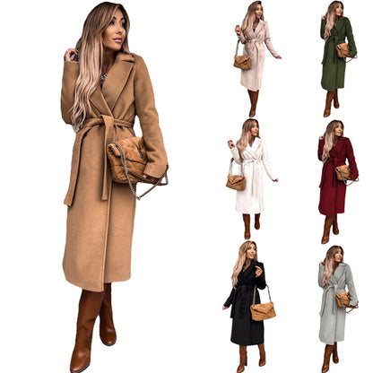 Long-Sleeved Woolen Coat Simple Lace up Trench Coat Autumn Winter Women's Clothing Solid Color Polo Collar