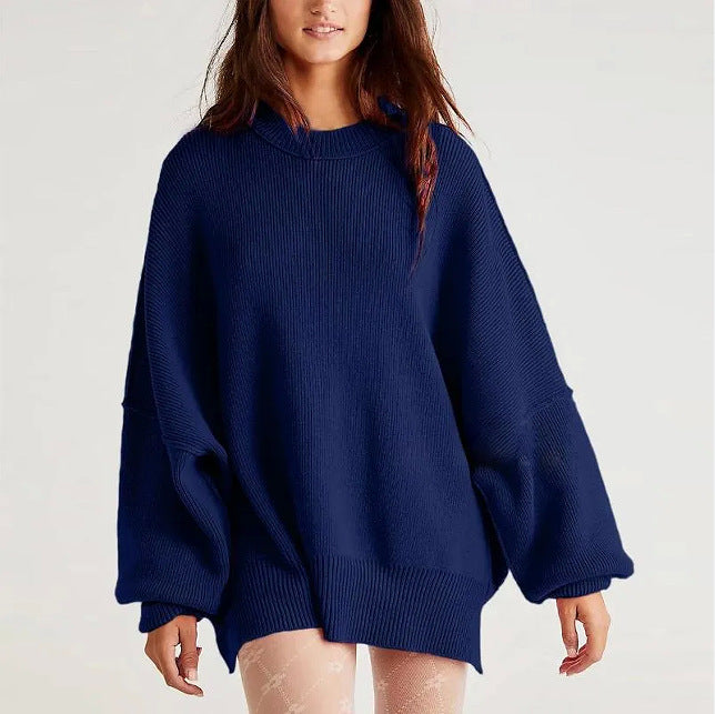 Europäischer und amerikanischer Damenpullover mit Rundhalsausschnitt, Fledermausärmeln, Herbst-Strickpullover mit seitlichem Schlitz, 2023Amazon 