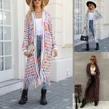 2024New Winter Clothes European and American Foreign Trade plus Size Tassel Long Cardigan Jacket Sweater Cross-Border Hot Women's Clothing Wholesale